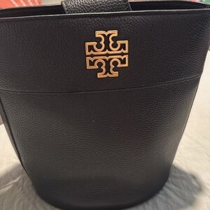 Tory Burch Black Crossbody Bucket Style Pebbled Leather Bag with Gold Accents